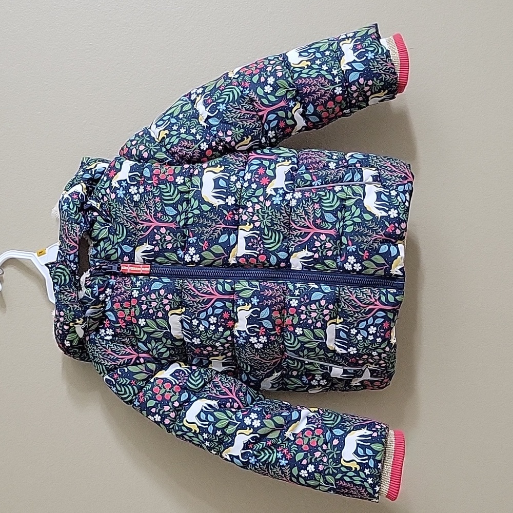 Boden Toddler girl puffer jacket, Navy blue w/unicorn print, size 2-3 Y